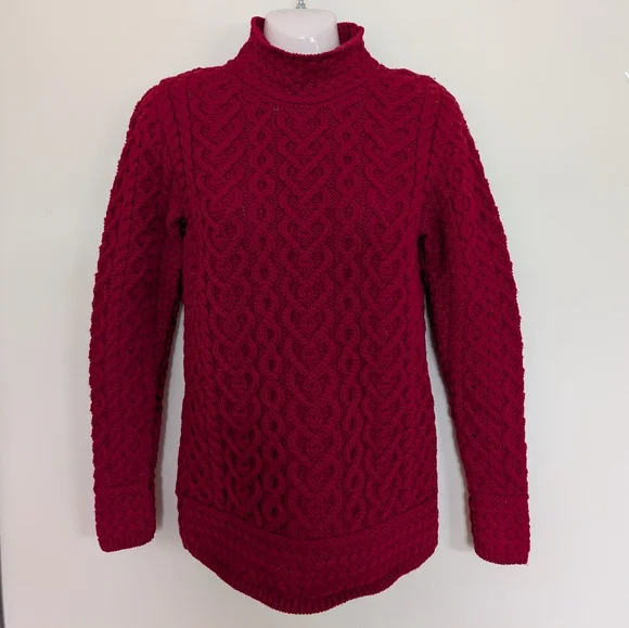 Aran Mor Hearts High Mock Neck Cable Knit Sweater Small Red - Picture 3 of 11